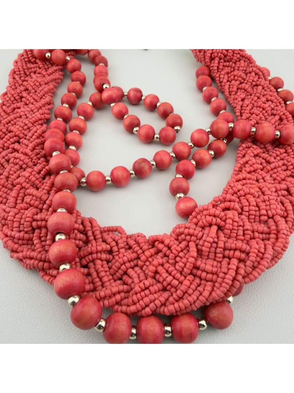 Set of 2 Necklaces Seed Bead Braided Collar Wood Beaded Pink Gold Tone